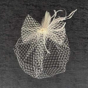 Bridal birdcage vail with feathers and pearls